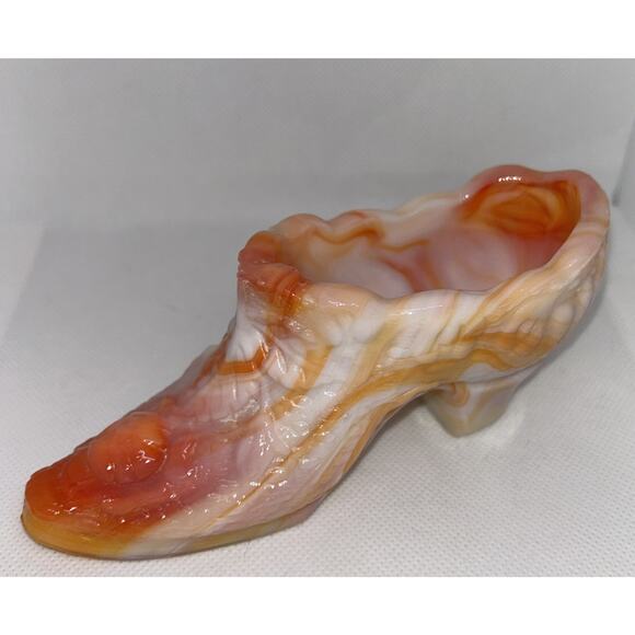 Vintage Kanawha Hand Crafted Cabbage Rose Orange Slag Glass Shoe 6" EC - Picture 2 of 14